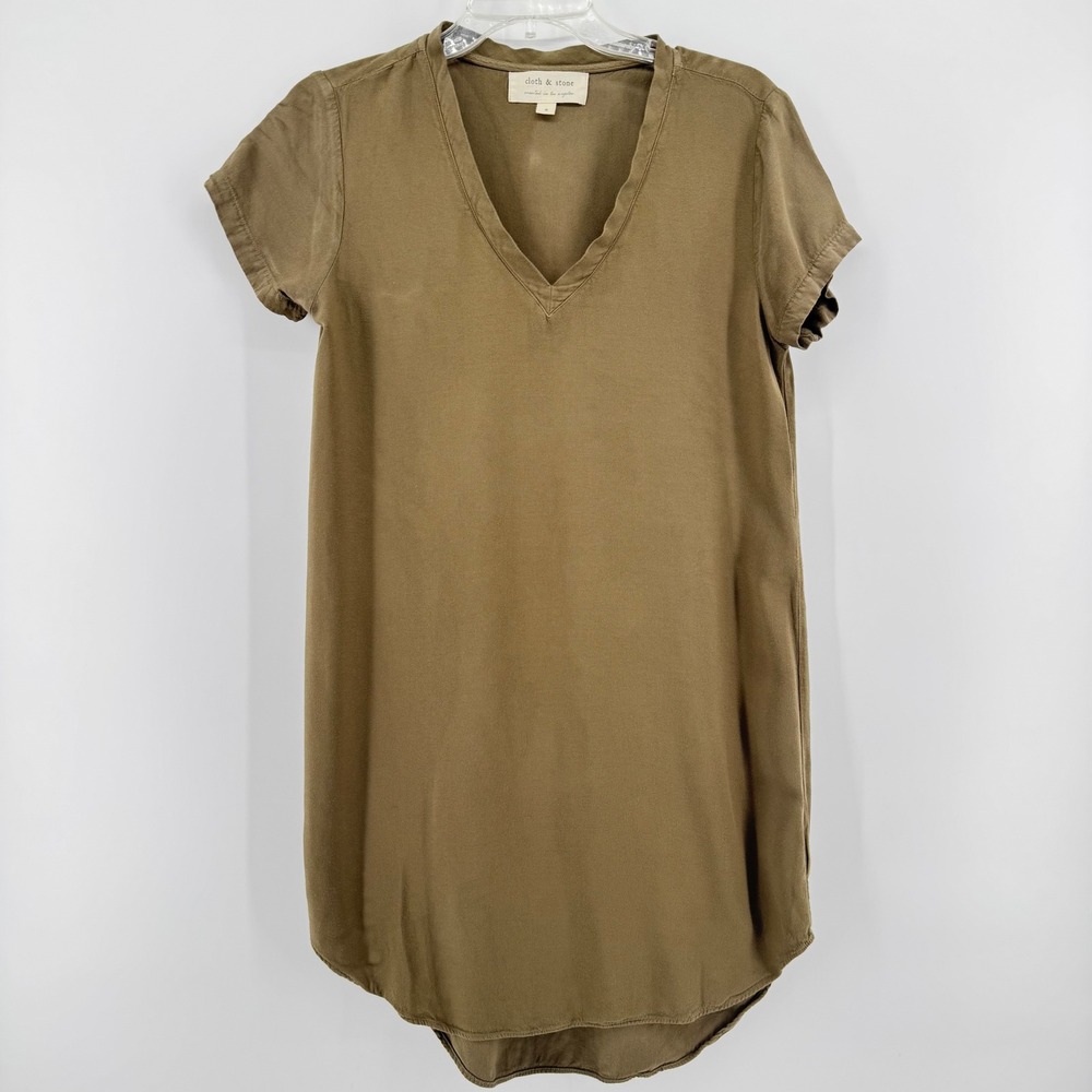 Cloth & Stone Olive Green V Neck Short‎ Sleeve Casual Tunic Shift Dress Size S